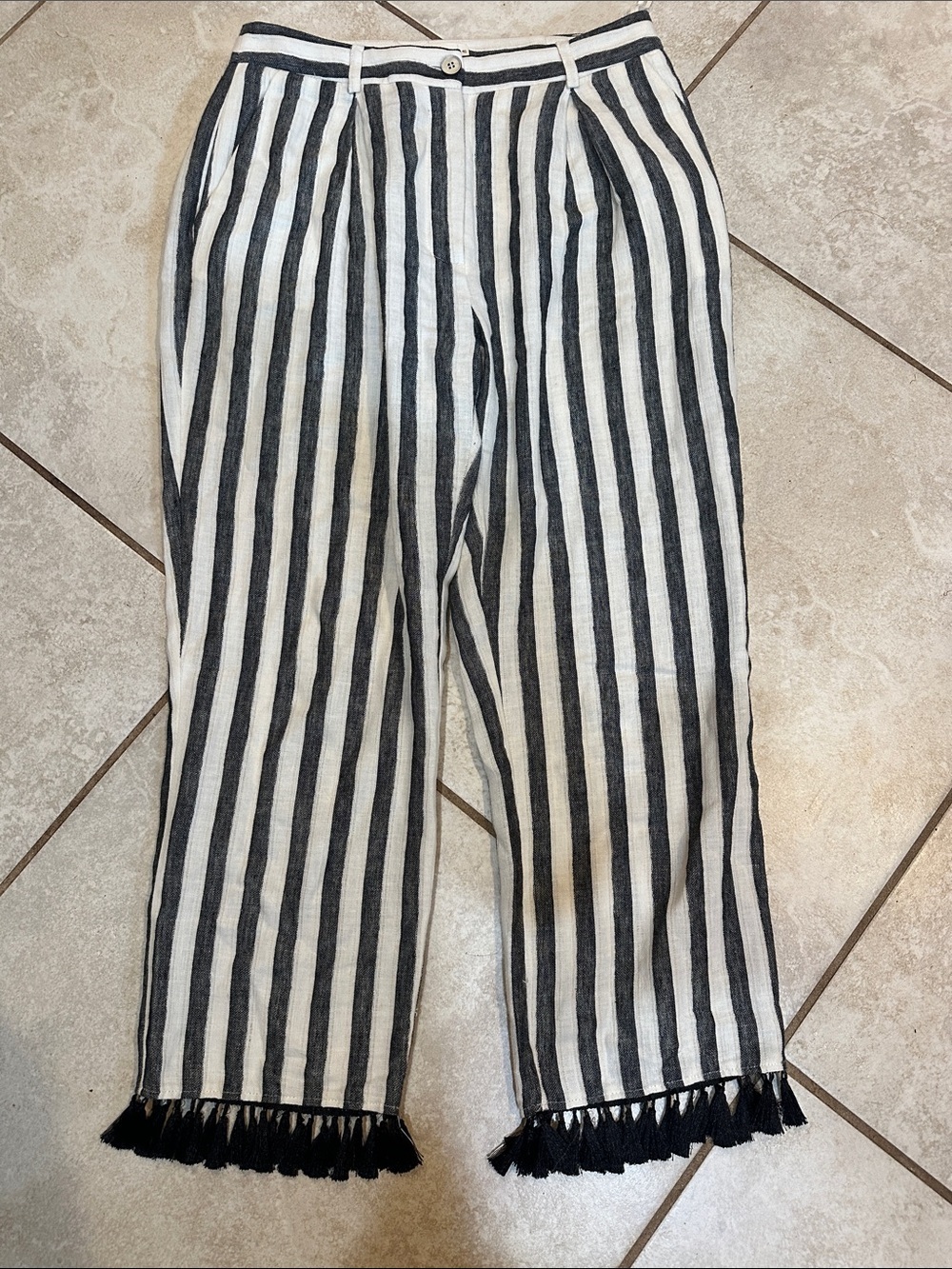 Yargici Striped Linen Pleated Crop Pants Trousers Tassel Hem 8/40 Boho Beach